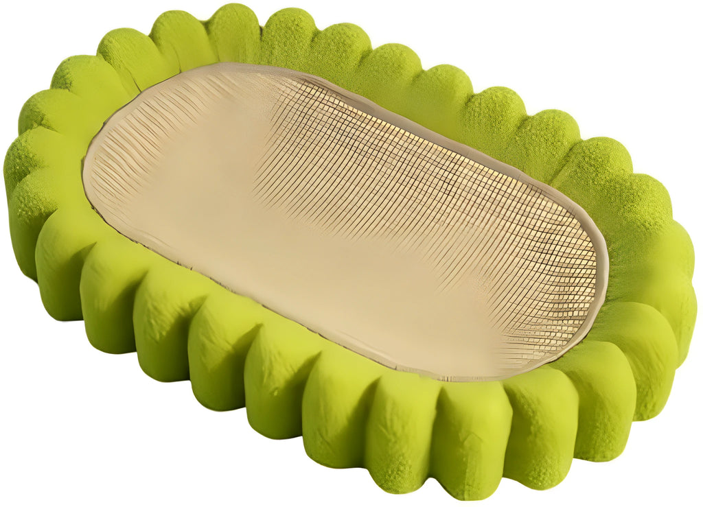 Green oval cat scratcher bed made of sisal, showing scratching surface and lounging area.