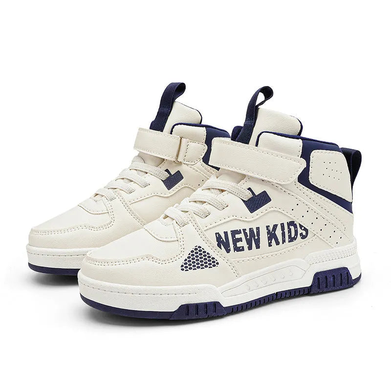 Children's street sneaker with buckle closure in beige green, showing PU upper and rubber sole.