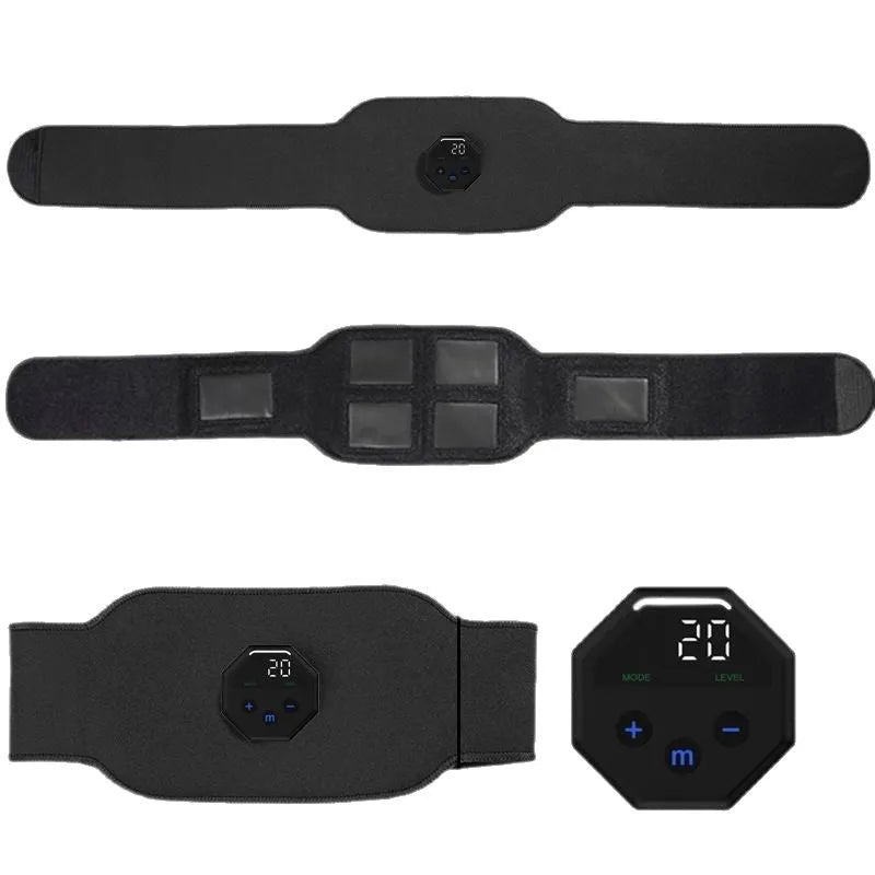 Black rechargeable EMS abdominal sticker set with display, 118 cm length, three pieces