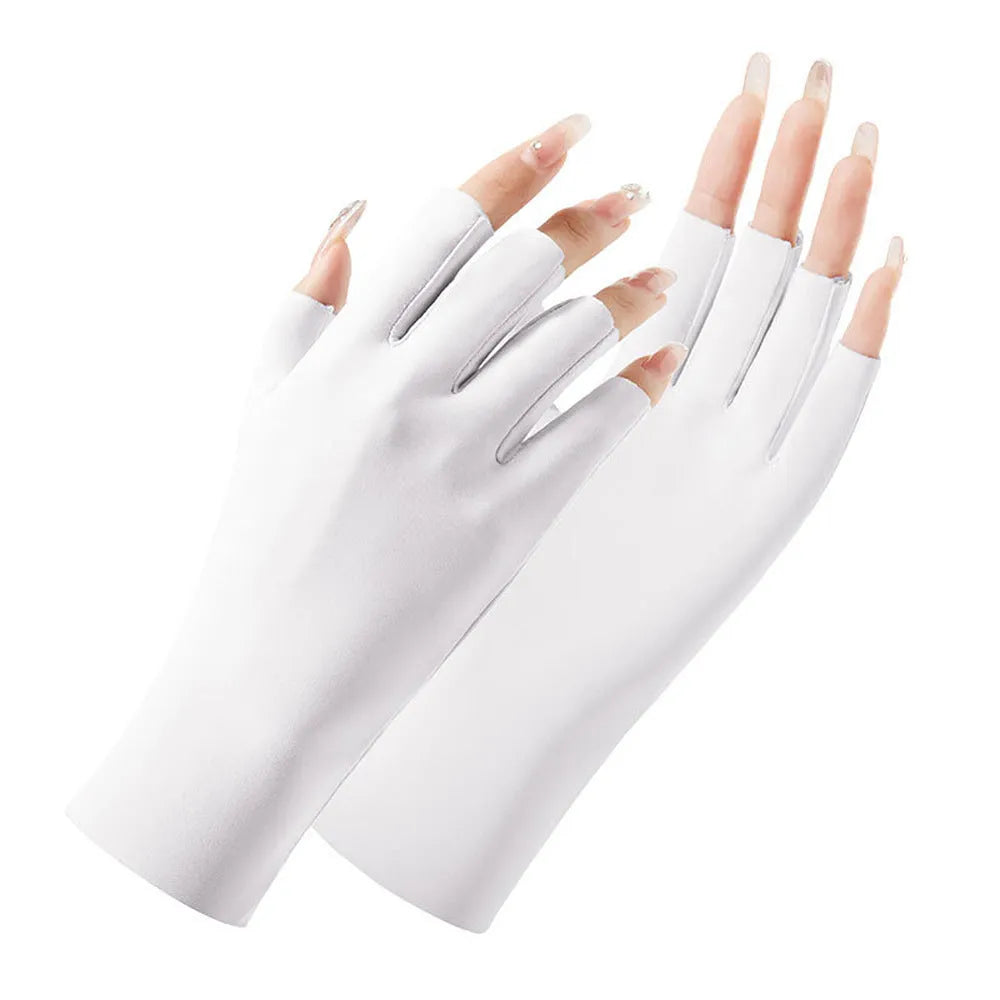 Women's thin ice silk sunscreen gloves in multiple colours on a hand, showing UPF50+ sun protection.