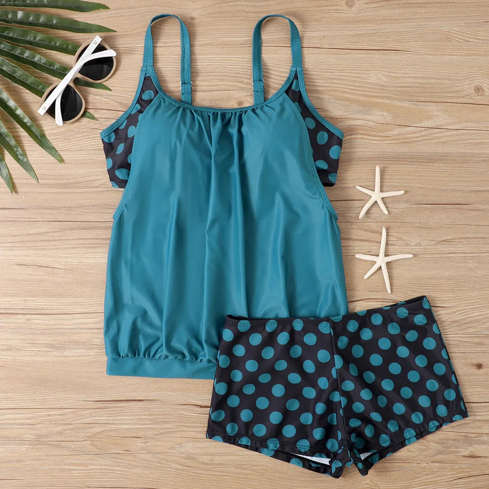 Women's split printed polka dot high-waist boxer swimsuit set in black, red, light blue, dark blue