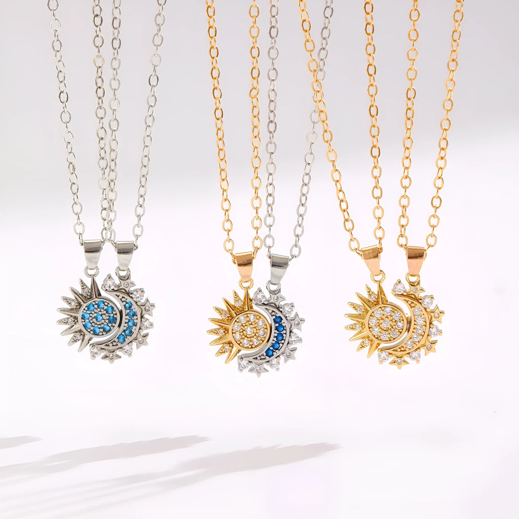 Two copper sun and moon magnetic pendant necklaces on a white background, clavicle chain length, set for couples