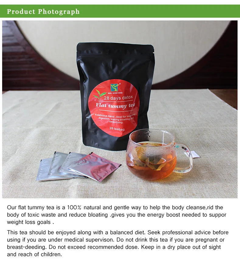 28 Days Slimming Tea Flat Belly Tea bag front view with herbal blend label