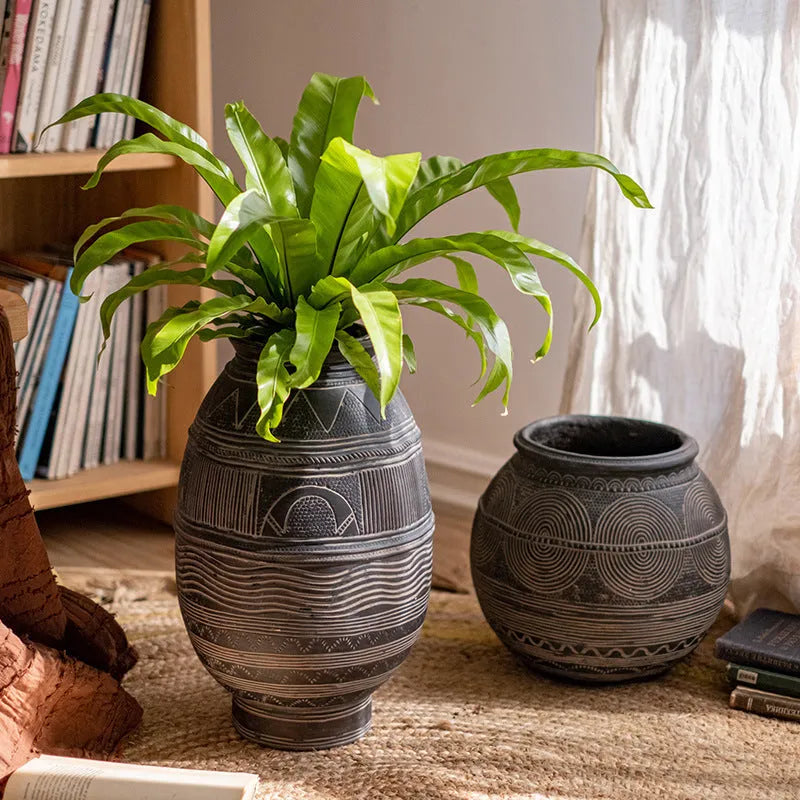 African ancient style cement flower pot with punched drainage holes, medium size ethnic planter