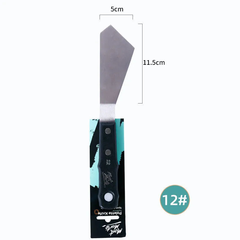 Three stainless steel palette knives for oil and acrylic painting, styles No. 3, No. 10, and No. 12.