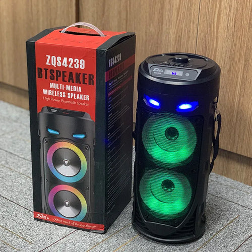 Black portable Bluetooth speaker with dual horn design and card slot