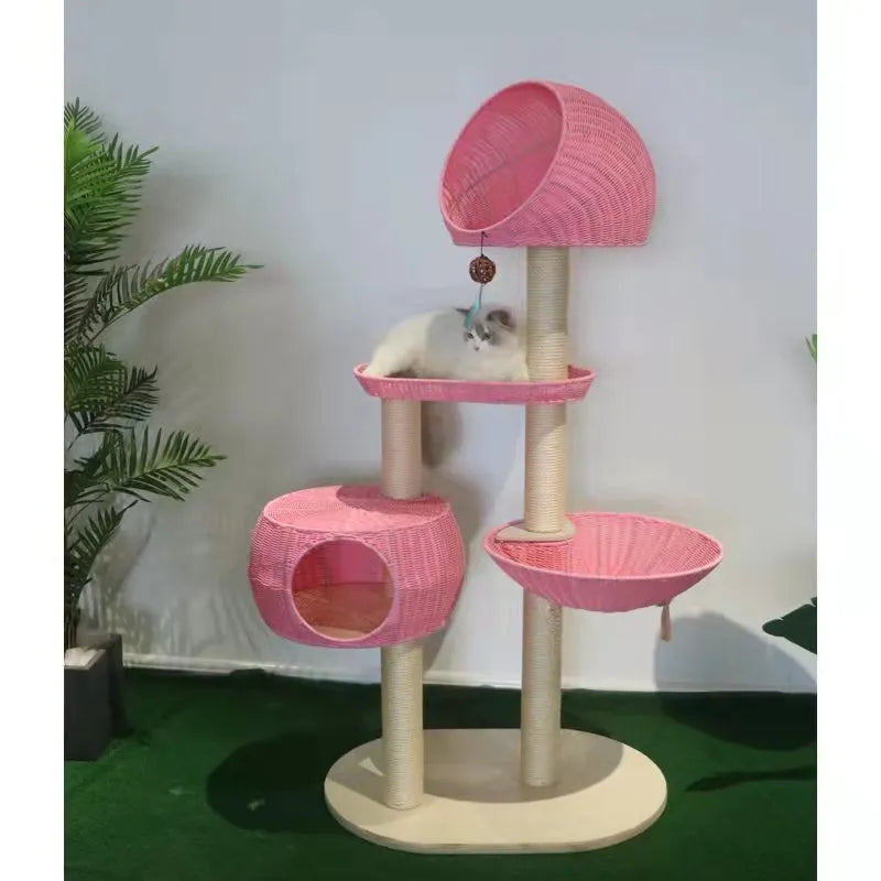 Integrated multi-layer solid wood cat tree with imitation rattan climbing surfaces in beige colour, 160cm tall