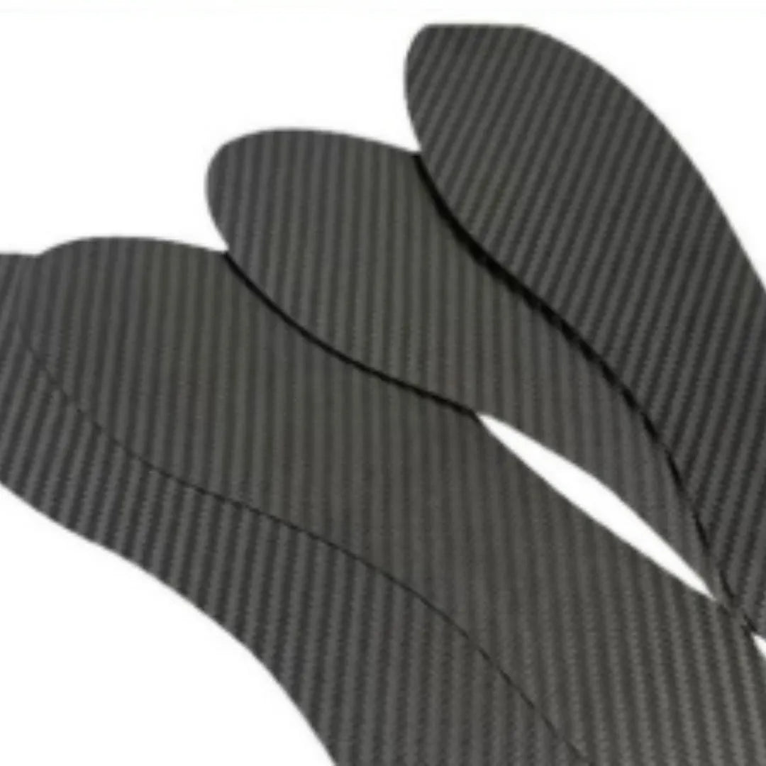 Black 3K full palm carbon fiber running insoles showing thickness options of 0.8mm, 1.0mm, and 1.2mm.