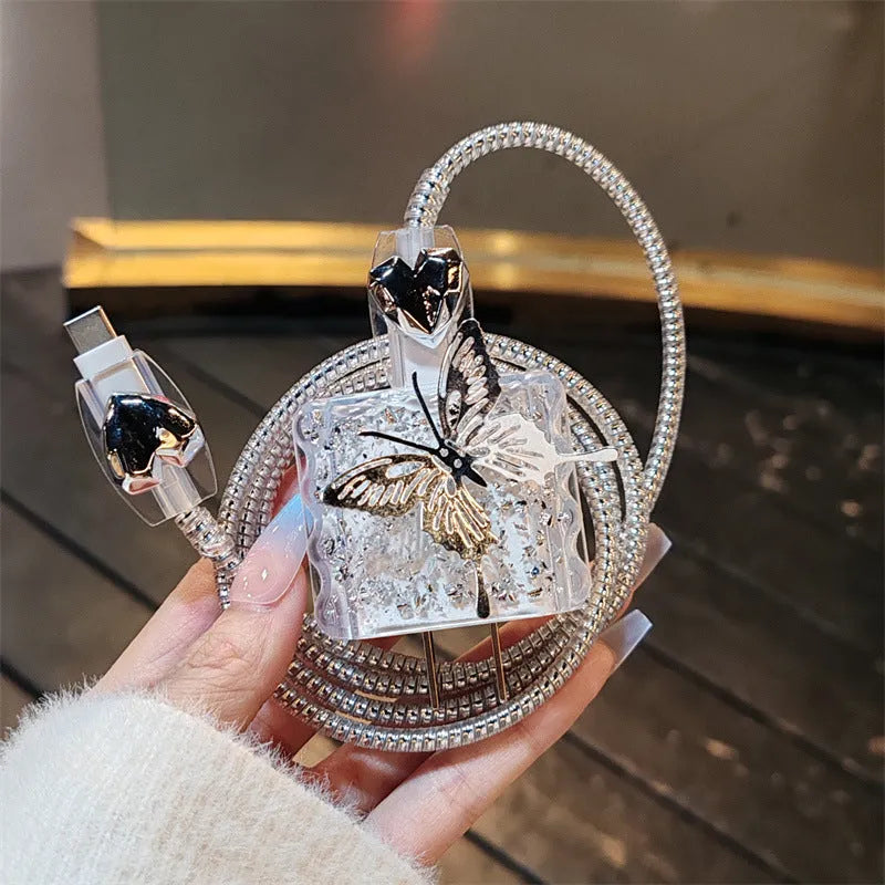 Three-dimensional butterfly USB cable protection sleeve with silver foil design for Apple 20W charger