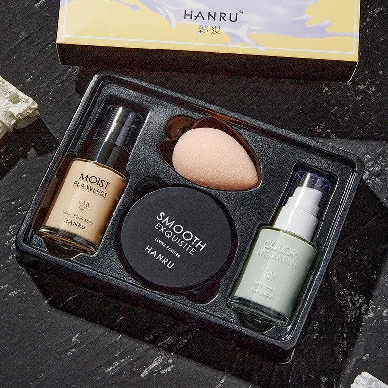 4-piece makeup set with liquid foundation, isolating milk, loose powder, and beauty egg sponge in ivory and green isolation colour option