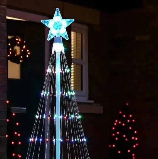 Multi colour LED animated outdoor Christmas tree lights showing 200 warm white lamps on 1.5m or 2m frame