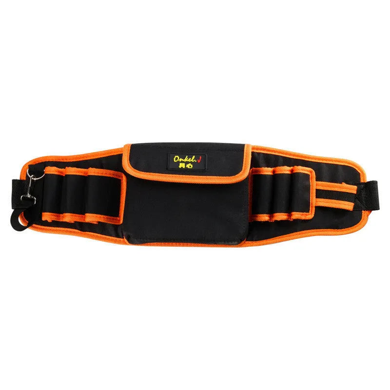 Orange canvas tool belt bag with oxford cloth outer, 564mm length, and 10kg load capacity on a construction site