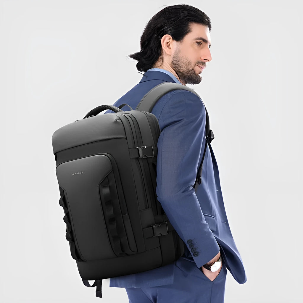 Men's expandable backpack Oxford cloth 20-35L black solid colour curved shoulder straps stitching details