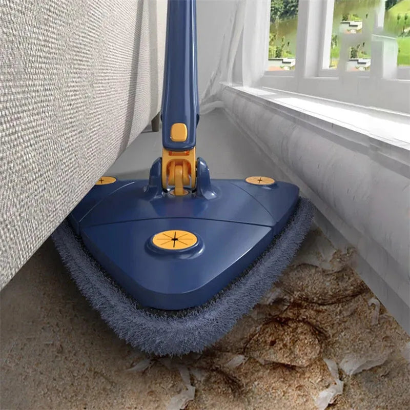 Blue triangle cleaning mop with rotating head and extendable stainless steel pole on a tiled floor