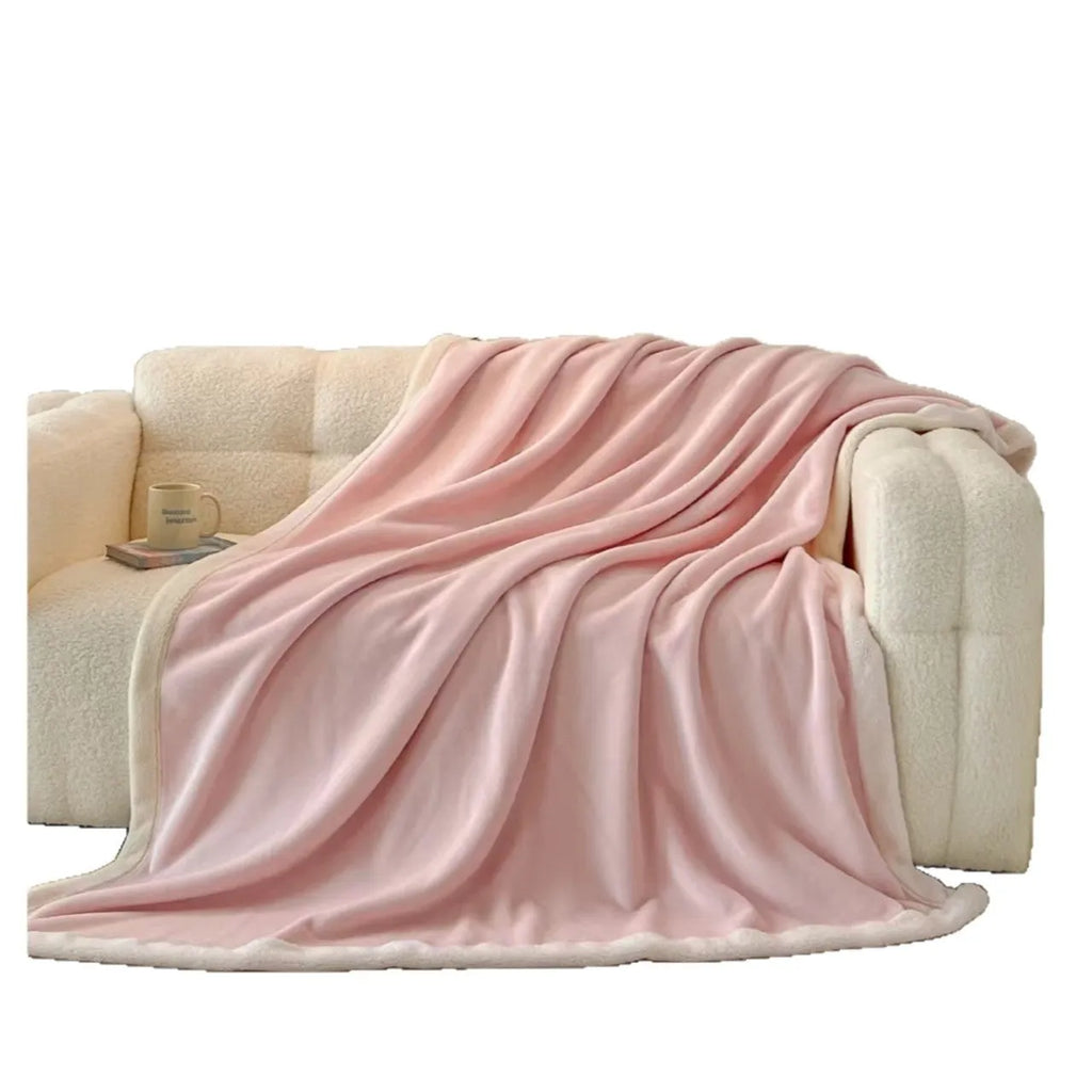 Soft flannel blanket solid colour light luxury style pink size 150x200 cm on bed