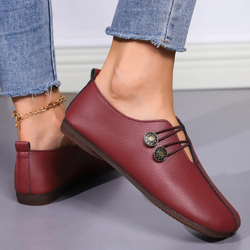 Casual square toe flats slip-on button loafers women artificial PU upper TPR sole flat heel beige