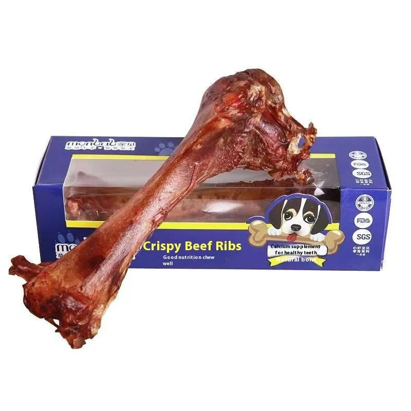 Natural beef marrow bone dog chew in three sizes small green medium blue large yellow for dental health