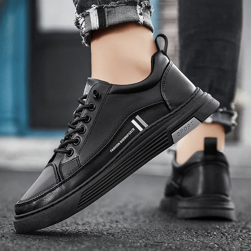Men's casual skateboard shoes with microfiber upper and elastic band closure in white or black
