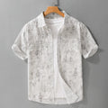 Men's grey white loose fit cotton short sleeve cardigan with a hanging dyed print design