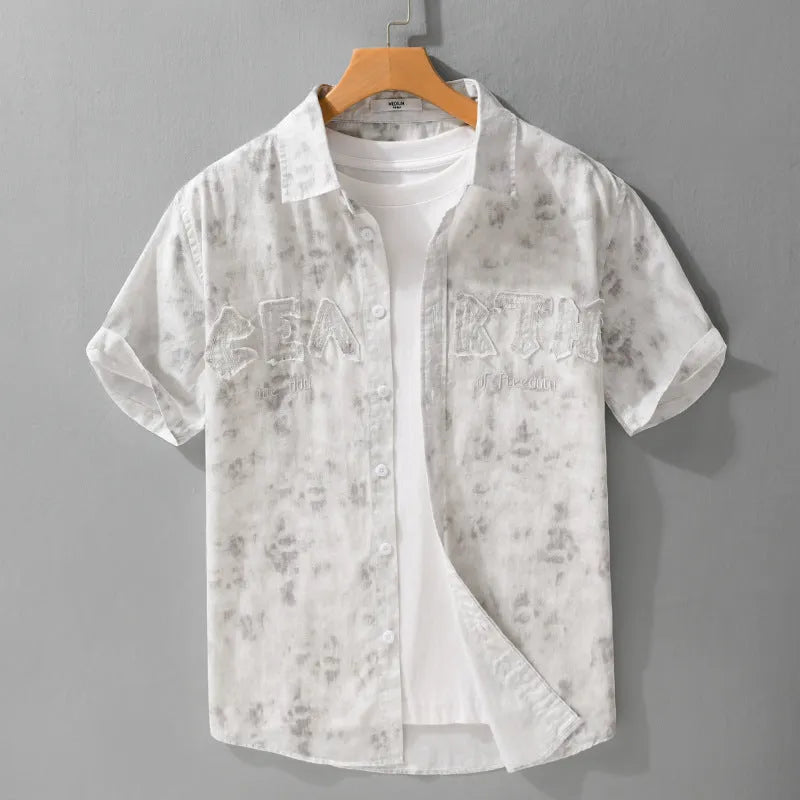 Men's grey white loose fit cotton short sleeve cardigan with a hanging dyed print design
