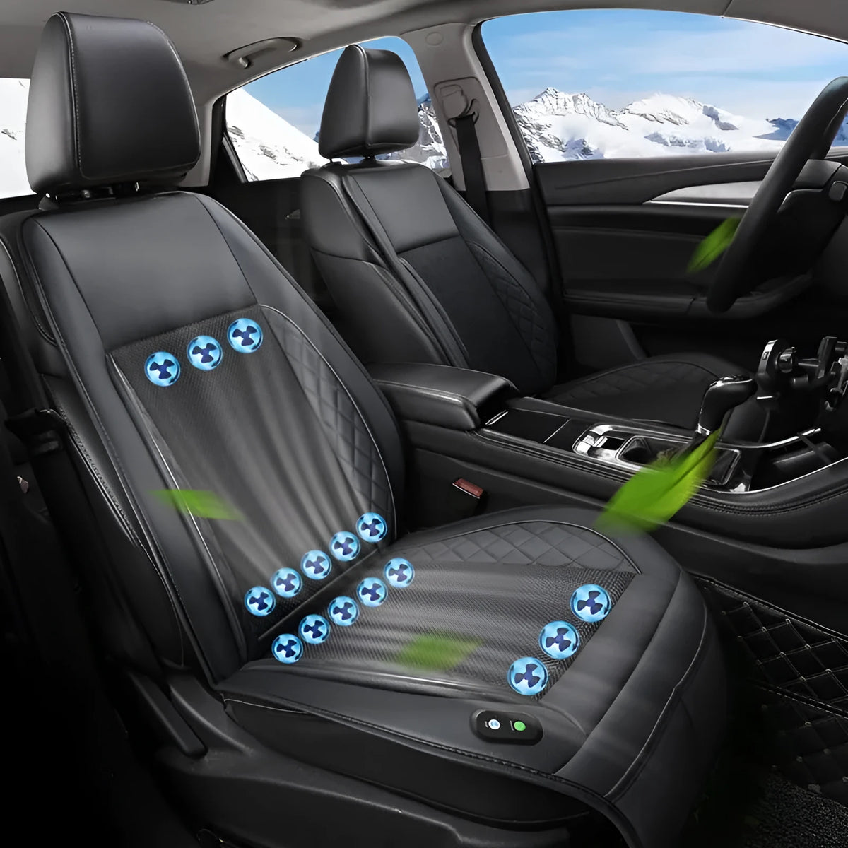 Car ventilation cushion with fan in black fabric, 12V model with 8 fan vents on car seat