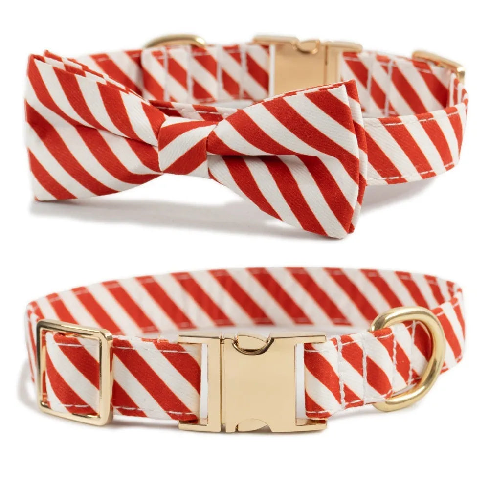 Striped green personalised dog collar with engraved text and a matching fabric bow knot attached.