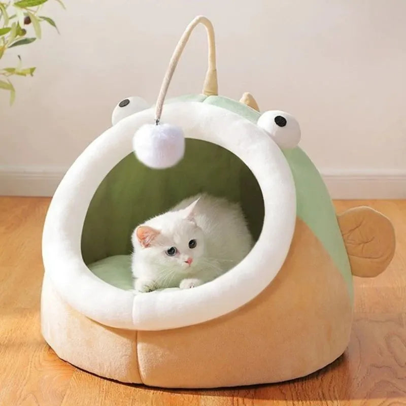 Grey semi-closed deerskin velvet cat bed with lantern fish design, shown in medium size.