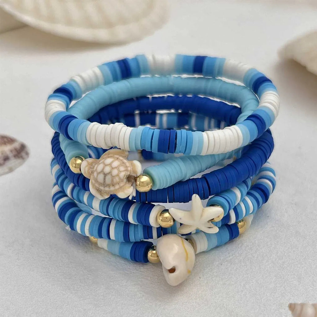 Bohemian blue polymer clay handmade shell bracelet set with geometric beads