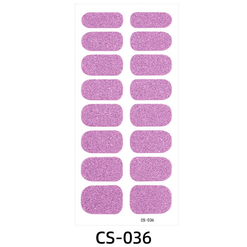 Assorted nail sticker designs including cartoon, love heart, and starry sky patterns on bare clip-on nails with a nail file