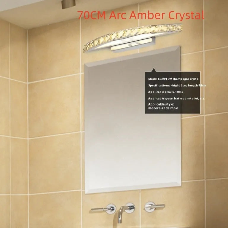 LED bathroom wall lamp with crystal mirror headlight, stainless steel hardware, available in 44cm 54cm or 70cm arc length