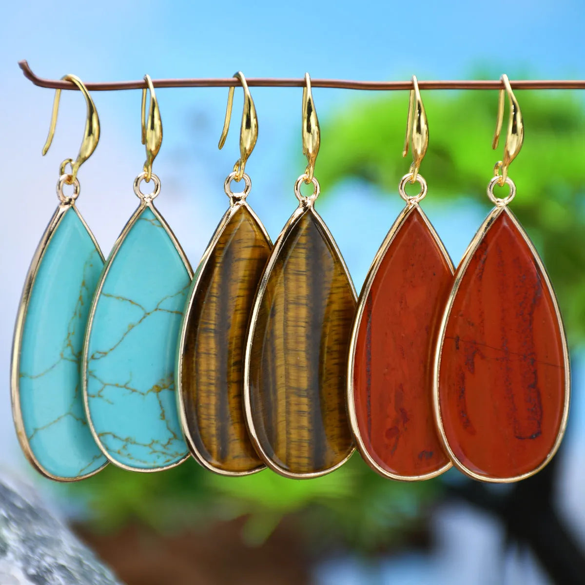 Vintage long water drop stone earrings in Tigereye, amethyst, pink crystal, Redstone, turquoise