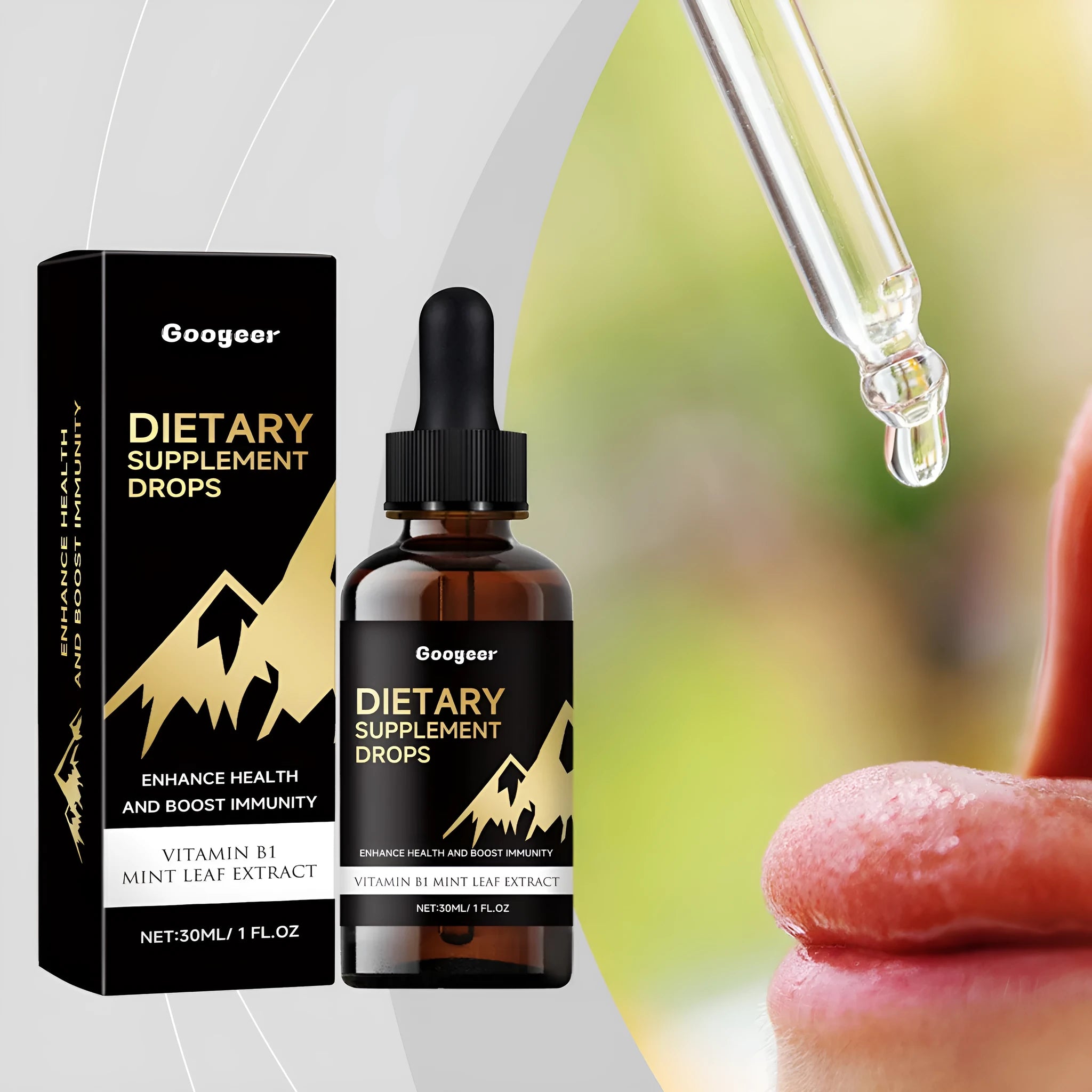 30 ml bottle of clear liquid multivitamin drops with a plastic dropper on a white background.