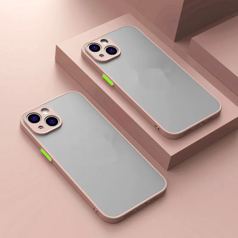 Frosted magnetic phone case for Apple iPhone on a table, showing anti-fingerprint matte finish.