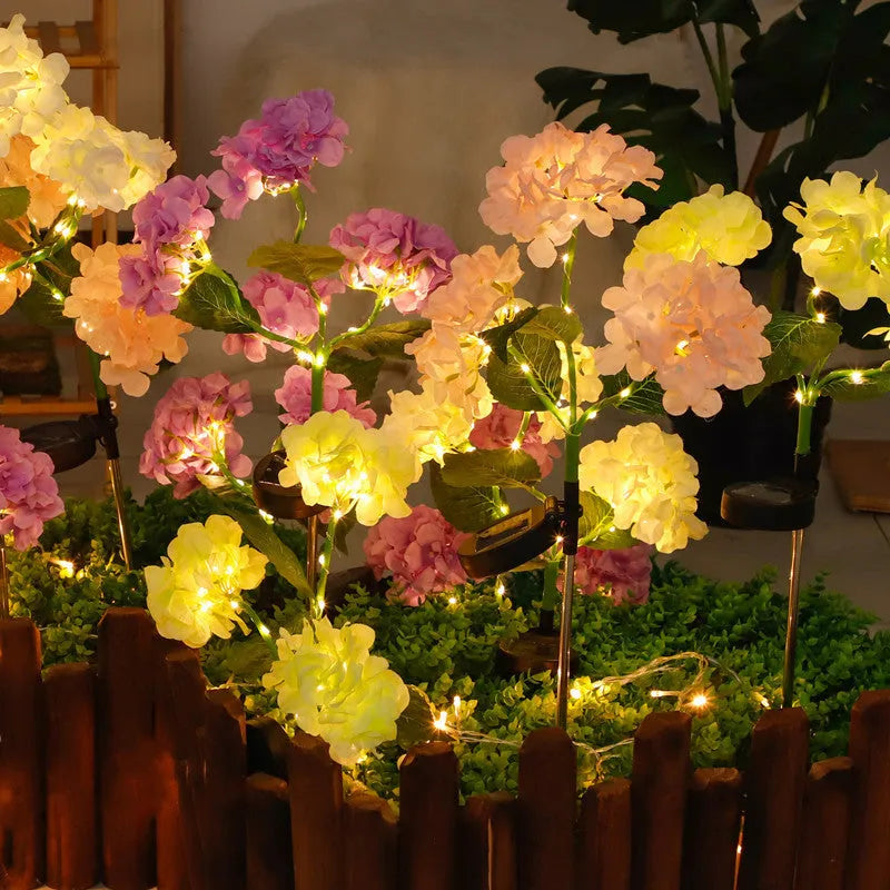 Solar hydrangea garden lights with plant modelling in outdoor setting showing colour variations