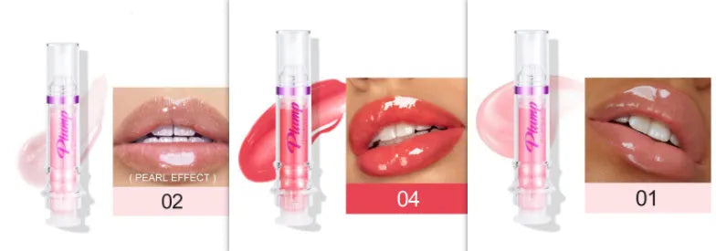 Tube of lip gloss showing shiny finish, available in six different colour shades.