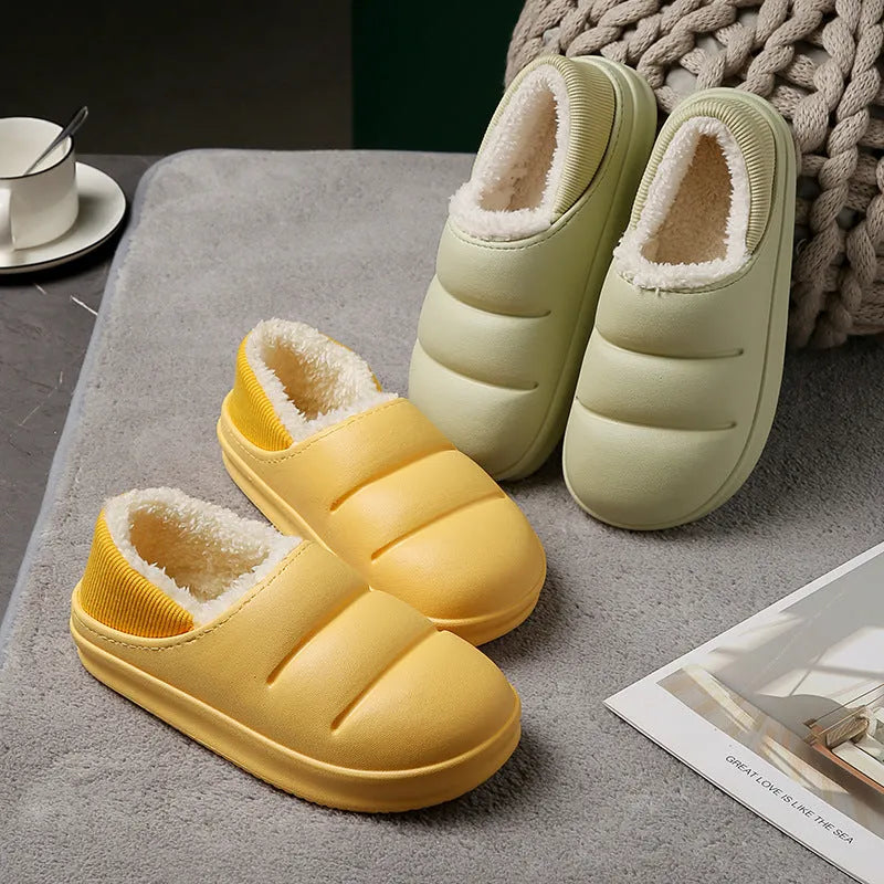 Couple cotton slippers winter warm house shoes with non-slip waterproof EVA sole and short fluff insole in multiple colours