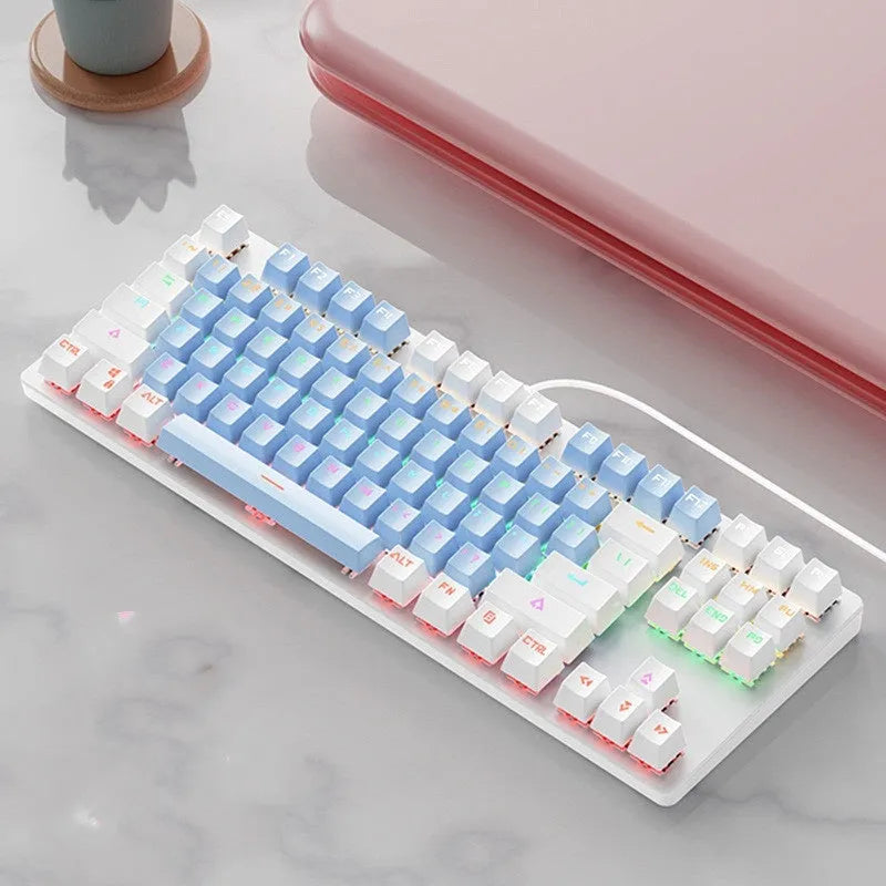 87 key mechanical keyboard with green axis switches, blue white mixed light, compact plastic build