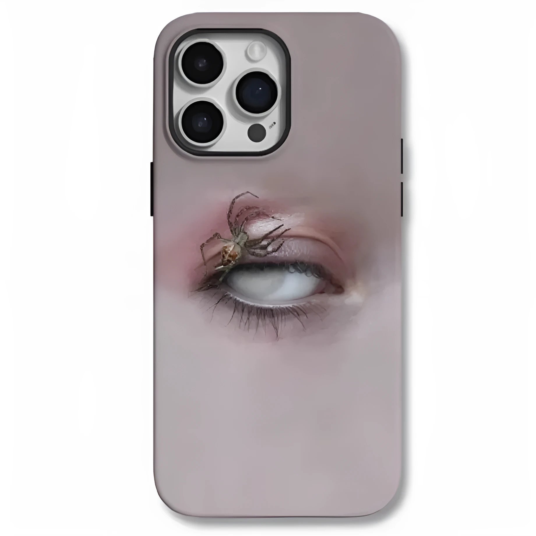 Dark heterochromatic spider pattern on a frosted resin iPhone case for iPhone 15 Pro Max and 16 Pro Max.