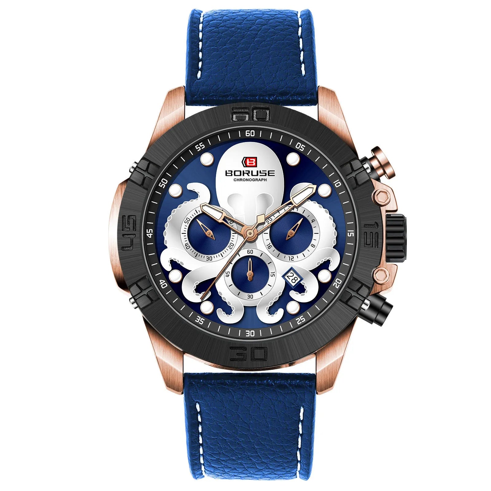 Octopus brand men's waterproof luminous quartz watch with 13mm case in blue or black options