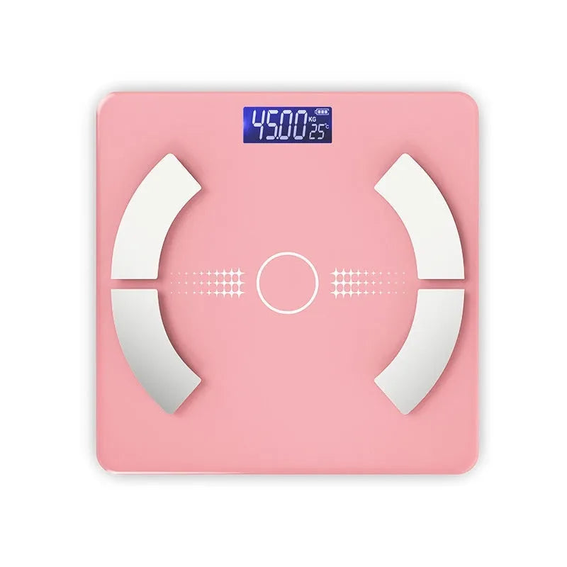 Smart Bluetooth rechargeable body fat scale in white, black, or pink on a bathroom floor.