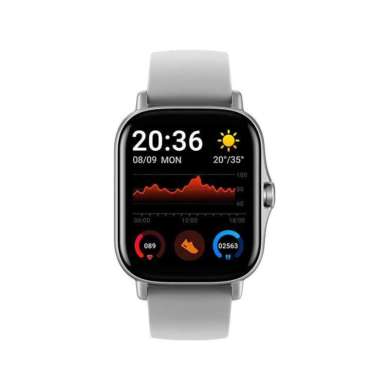 GT20 black smartwatch with alloy case and silicone strap showing heart rate monitoring on screen