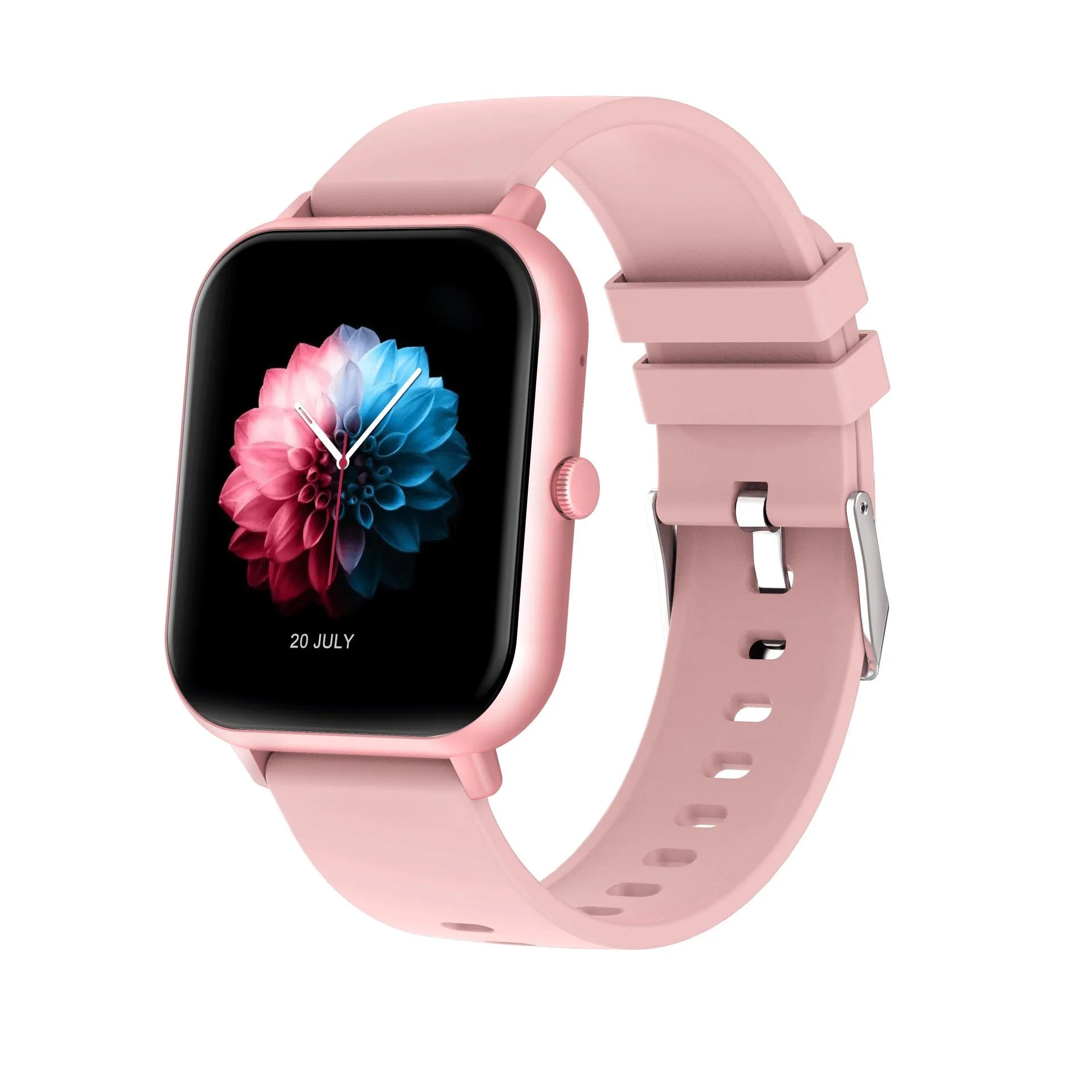 Bluetooth smart watch with heart rate monitoring and AI voice assistant in black, pink, or silver grey