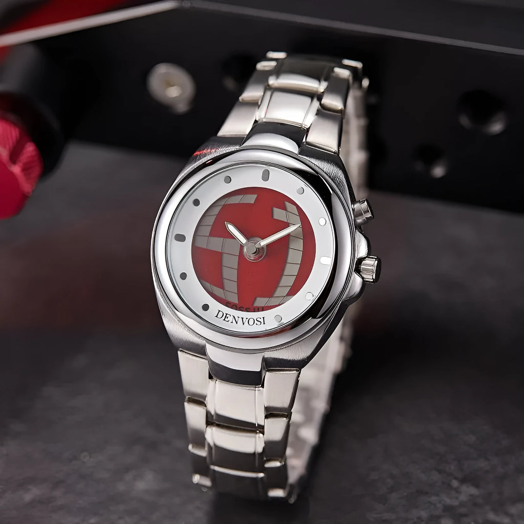 Y2K vintage style digital watch with dual display showing red dial and alloy strap with stainless steel buckle