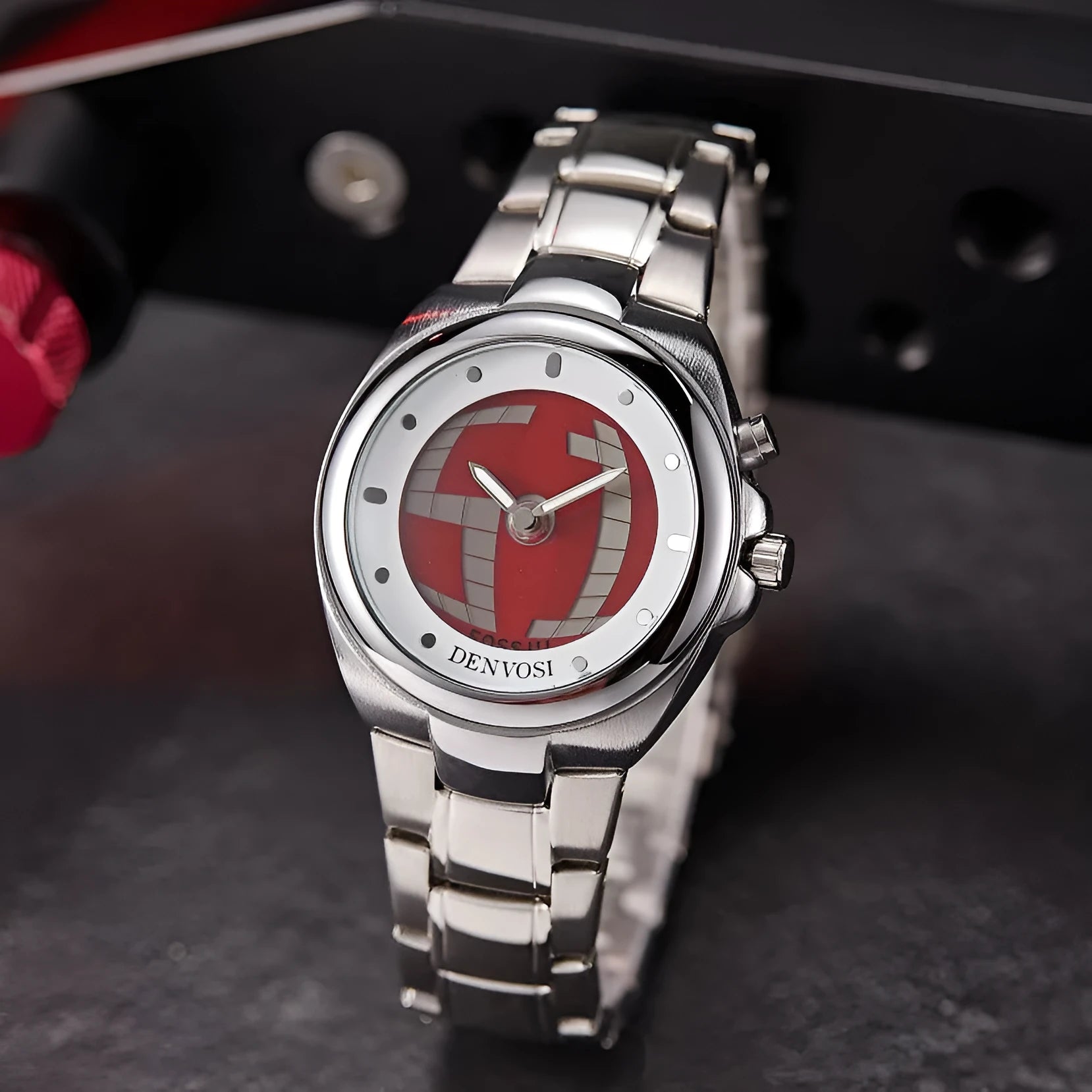 Y2K vintage style digital watch with dual display showing red dial and alloy strap with stainless steel buckle