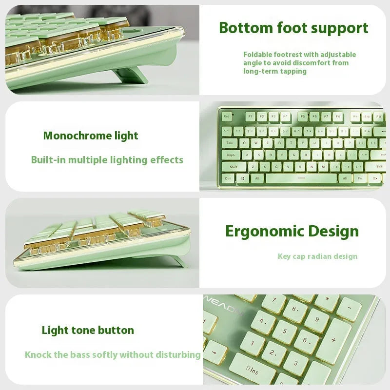 Prewalker V3 wired mute keyboard and mouse suit in retro green colour on a desk