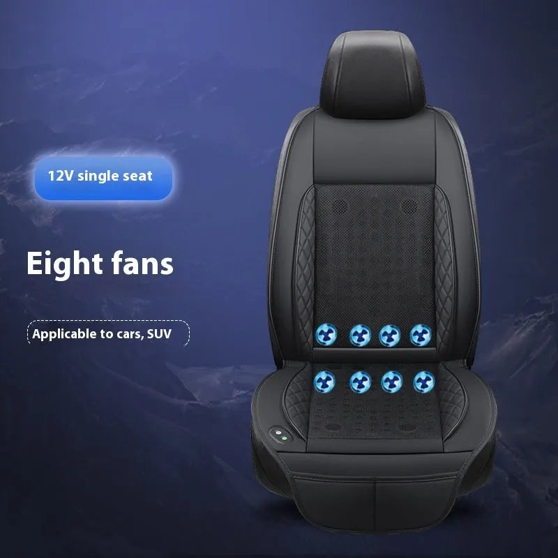Car ventilation cushion with fan in black fabric, 12V model with 8 fan vents on car seat