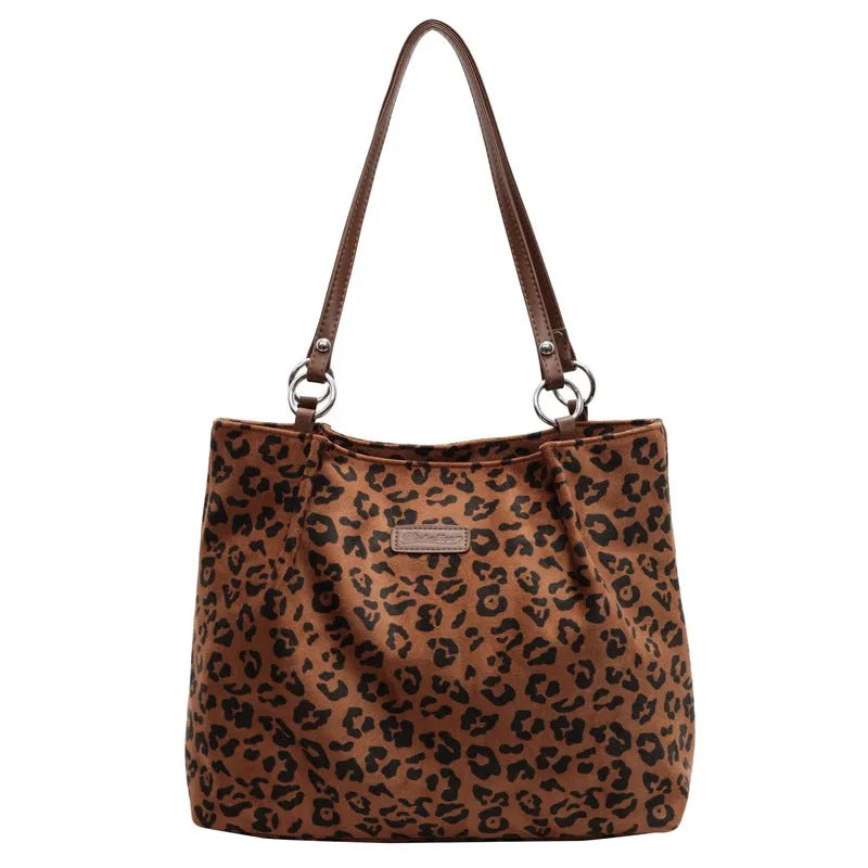 Leopard print suede shoulder bag with double straps, horizontal square shape, coffee and brown colour options