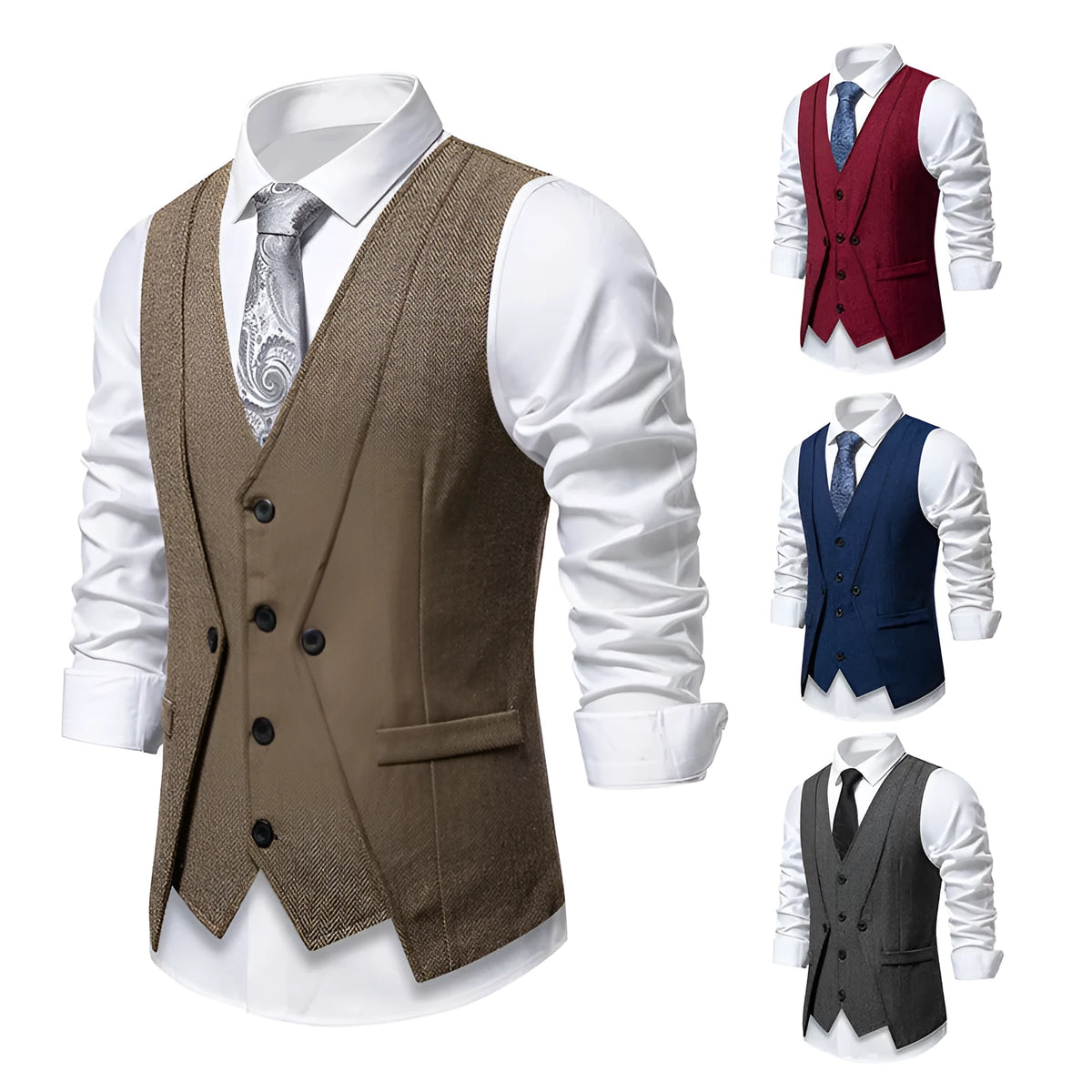 Retro fake two-piece formal vest for men, slim fit polyester, dark gray colour, front view