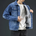 Men's loose fit fleece lined denim jacket in Dark Blue, cotton workwear top for autumn