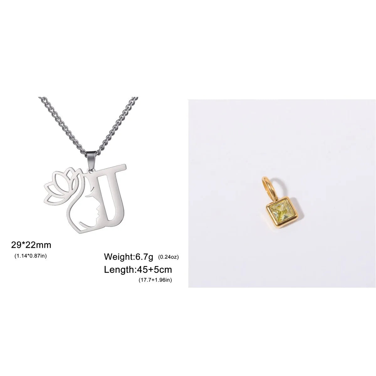 Stainless steel necklace with cross chain and a single initial pendant in a gold or silver finish.